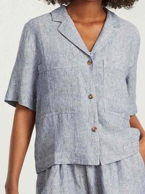 Everlane Linen Stripe Button Up Boxy Top Cropped Size M Blue Gray White Stripe